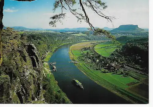 Ansichtskarte Sächsische Schweiz - Blick von der Bastei über Kurort Rathen zum Lilienstein - beschrieben