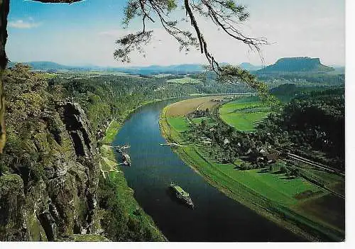 Ansichtskarte Sächsische Schweiz - Blick von der Bastei über Kurort Rathen zum Lilienstein - beschrieben