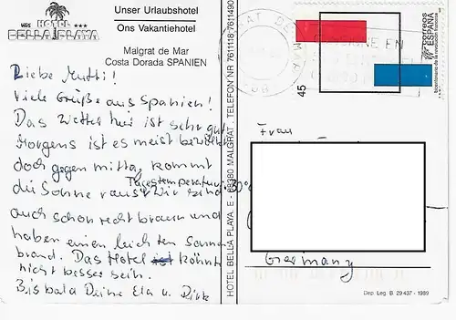 Ansichtskarte Malgrat de Mar Costa Dorada Spanien - gelaufen 1989