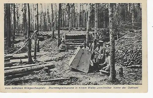 Feldpostkarte - Vom östlichen Kriegsschauplatz, Sturmbegleitkanone in einem Walde unmittelbar hinter der Ostfront - gelaufen 1916
