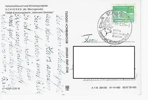 Ansichtskarte Schierke (Kr. Wernigerode) - FDGB-Erholungsheim "Herrmann Duncker" - gelaufen 1981