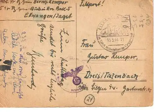 Feldpostkarte - Zum Muttertag- gelaufen 15.05.1944