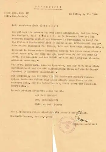 Abschrift Sterbeurkunde - gefallen - Im Felde 04.11.1944