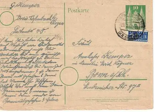 Postkarte 20.08.1949 - Vorder- und Rückseite beschrieben
