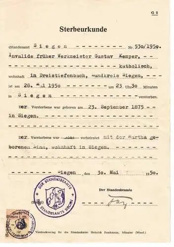 Sterbeurkunde 30.05.1950