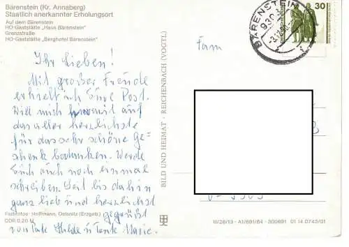 Ansichtskarte Bärenstein (Kr. Annaberg) - Staatlich anerkannter Erholungsort - gelaufen 1990