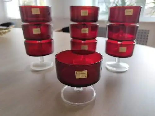 Luminarc Verrerie Darques France Rubinrote Eisbecher/Champagner Coupe Gläser, 1970er, 10er Set 