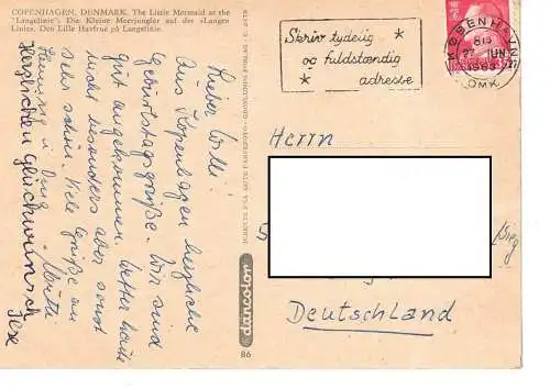 Ansichtskarte Copenhagen - Denmark - The little Mermaid at the "Langelinie" - gelaufen 1960