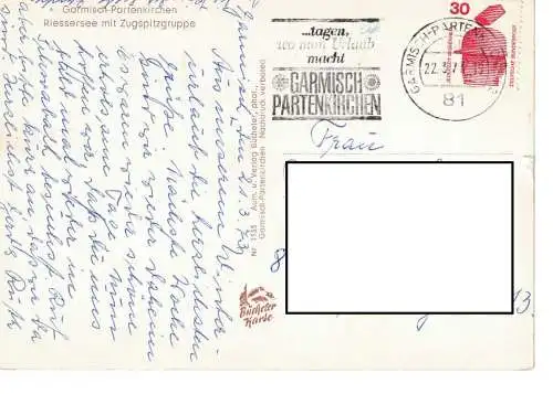 Ansichtskarte Garmisch-Partenkirchen - Riessersee mit Zugspitzgruppe - gelaufen 1973