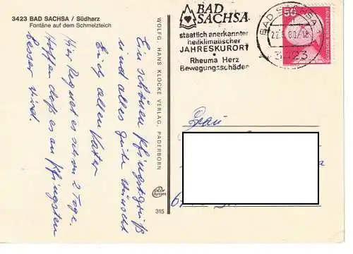 Ansichtskarte Bad Sachsa / Südharz - Fontäne auf dem Schmelzteich - gelaufen 1980
