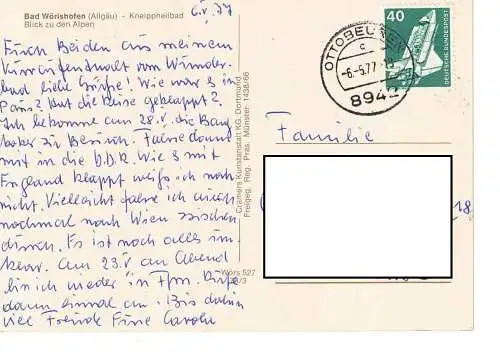 Ansichtskarte - Bad Wörishofen (Allgäu) - Kneippheilbad - Blick zu den Alpen - gelaufen 1977