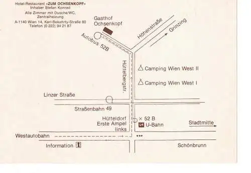 Ansichtskarte Wien - Hotel-Restaurant "Zum Ochsenkopf" - mit Anfahrtsbeschreibung auf der Rückseite