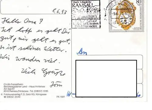 Ansichtskarte  Alpenpark Hintersee Ramsau - gelaufen 1993