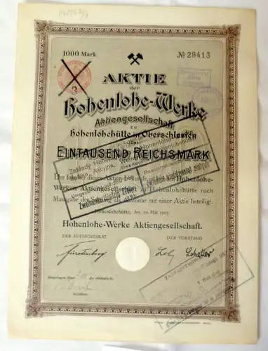 Hohenlohe Werk AG 1.000 RM Hoenlohéhütte 20.05.1905