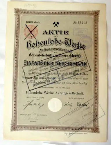 Hohenlohe Werk AG 1.000 RM  Hohenlohehütte 20.05.1905
