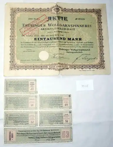 Thüringer Wollgarnspinnerei AG  1.000 M 31.12.1920 Leipzig plus Erneuerungsschein/Umgestellt auf GM 200