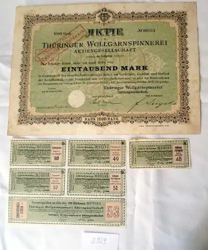 Thüringer Wollgarnspinnerei AG  1.000 M Leipzig, 31.12.1920 plus Erneuerungsschein