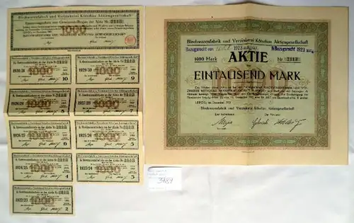 Blechwarenfabrik & Verzinkerei Kötzschau Aktiengesellschaft Leipzig Dezember 1921, 1000 Mark incl. Gewinnanteilschein