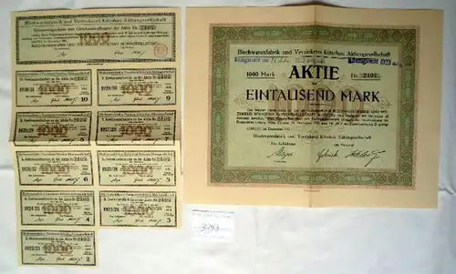 Blechwarenfabrik & Verzinkerei Kötzschau Aktiengesellschaft Leipzig Dezember 1921, 1000 Mark incl. Gewinnanteilschein
