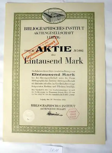 Bibliographie Institut AG Leipzig, 30.11.1921 1.000 M