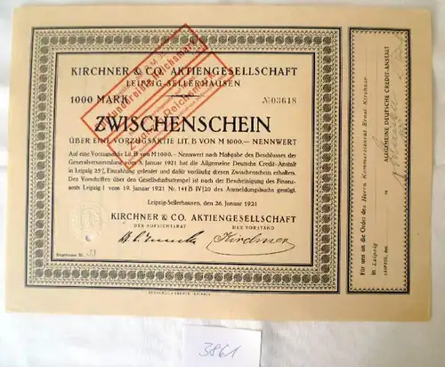 Kirchner & Co AG  1000 M Zwischenschein, Leipzig-Sellerhausen,  26.01.1921