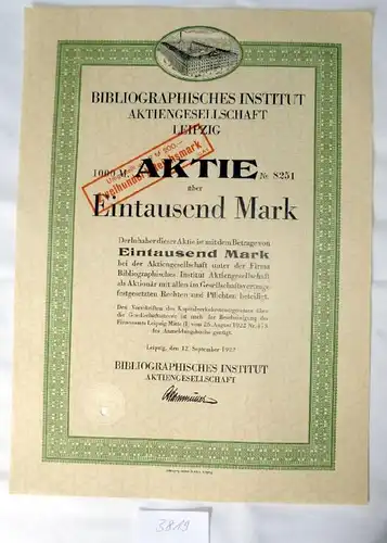 Bibliographie Institut AG Leipzig, 12.09.1922 1000 M / Transformé à 200,- RM