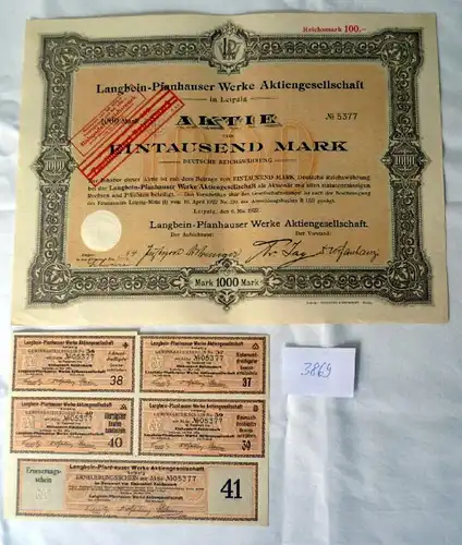 Langbein-Pfanhauser Werke AG 1.000 M Leipzig, 6.5.1922 mit Erneuerungsschein/Nennwert auf 100,- RM herabgesetzt