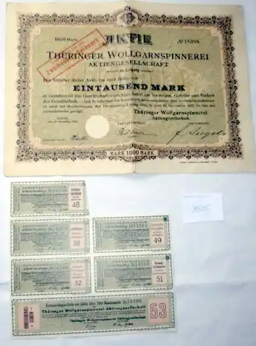 Thüringer Wollgarnspinnerei AG  1.000 M 30.11.1922 Leipzig plus Erneuerungsschein/Umgestellt auf GM 200