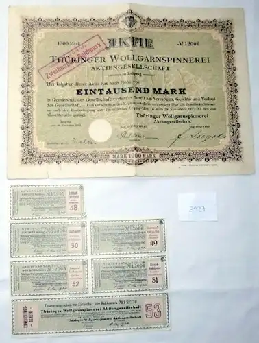 Thüringer Wollgarnspinnerei AG  1.000 M 30.11.1922 Leipzig plus Erneuerungsschein/Umgestellt auf GM 200