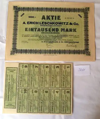A. Erich Leschkowitz 1.000 M Leipzig Aug. 1923 plus Erneuerungsschein