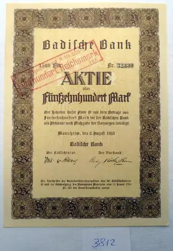 Badische Bank 1.500M 2.08.1923, Mannheim