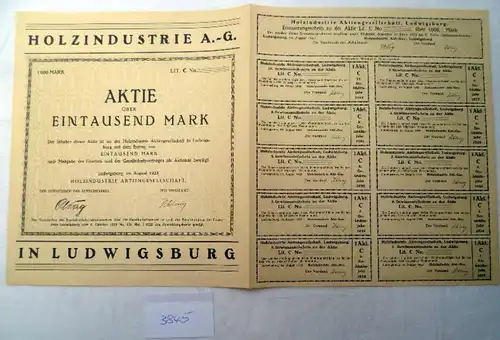 Holzindustrie AG Ludwigsburg, August 1923 1.000 M plus Erneuerungsschein