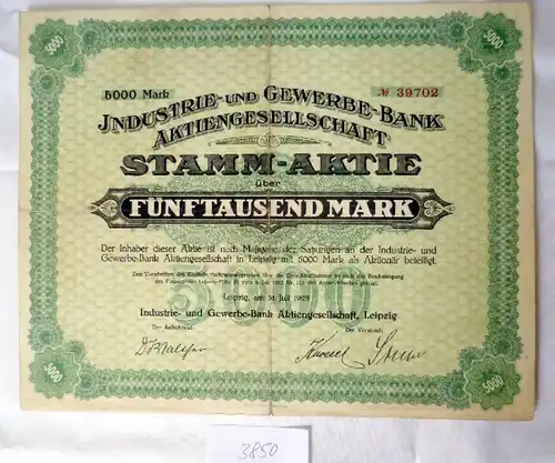 Industrie- und Gewerbebank AG Stamm-Aktie über 5.000 M Leipzig,  31.7.1923