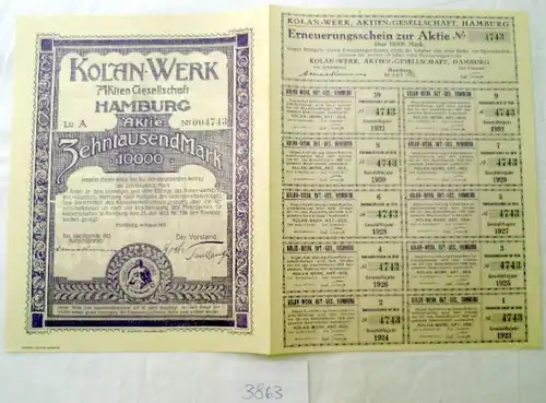 Kolan-Werk AG 10.000 M Hamburg, im August 1923 plus Erneuerungsschein