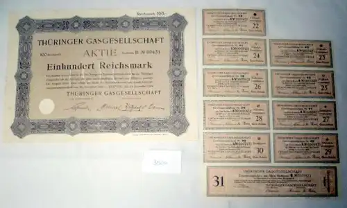 Thüringer Gasgesellschaft AG  100 RM  Leipzig, 23.12.1924 Lit.B plus Erneurerungsschein