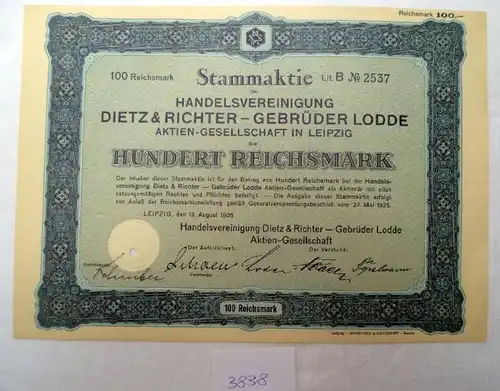 Association commerciale Dietz & Juge Gebr. Lodde Leipzig 12.8.1925 100 RM