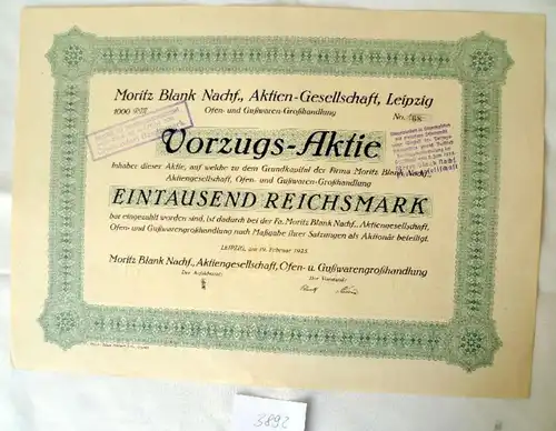 Moritz Blank Nachf. AG1.000 RM VZ Leipzig, 19.02.1925