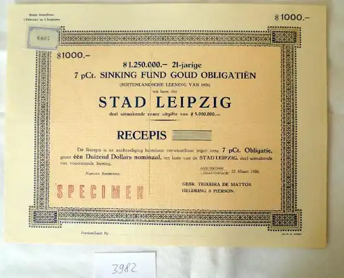 Stadt Leipzig, Obligation 7% 1.000 $ Amsterdam, 22. März 1926