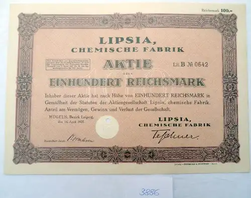 Lipsia Chemische  Fabrik  100 RM  Mügeln, 14.04.1927