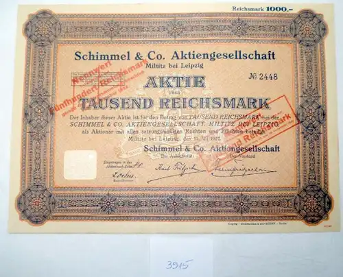 Schimmel & Co AG 1.000 RM Miltitz bei Leipzig, 11.07.1927/Nennwert herabgesetzt auf 500,-RM