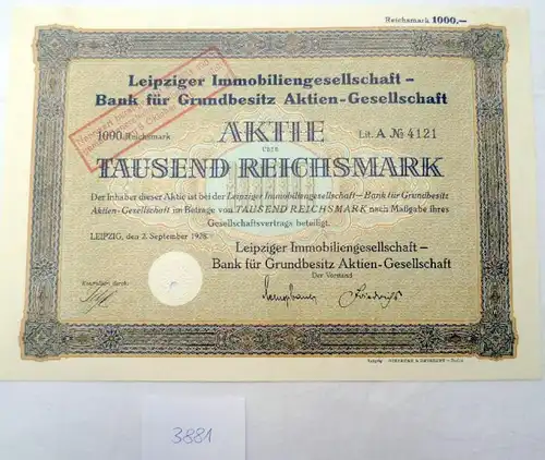 Leipziger Immobiliergesellschaft Bank f. Propriété foncière 1000 RM 02.09.1928, valeur nominale réduite à 100,-RM