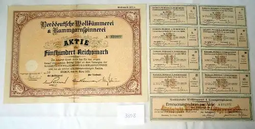 Coiffeuse de laine et filerie à vapeur du Nord de l'Allemagne Bremen 30 mars 1928 500 Reichsmark plus renouvellements