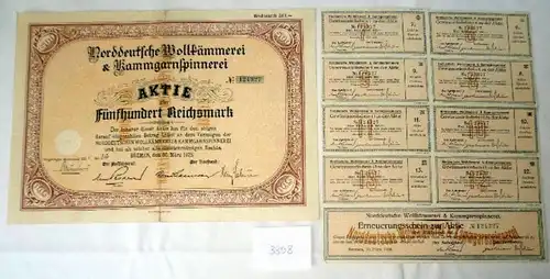 Norddeutsche Wollkämmerei & Kammgarnspinnerei Bremen 30.März 1928 500 Reichsmark plus Erneuerungsscheine