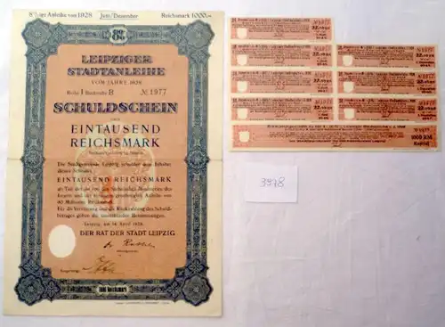 Anleihe Leipziger Stadtanleihe 8%ig 1000 Reichsmark Leipzig, 14.April 1928 plus Erneuerungsschein