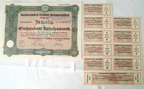 Maschinenfabrik Kießling Aktiengesellschaft Leipzig im November 1929 über 100 Reichsmark plus Gewinnanteilschein