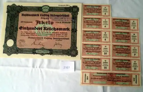 Maschinenfabrik Kißling Aktiengesellschaft Leipzig en novembre 1929 plus de 100 Reichsmark plus un bon de participation aux bénéfices