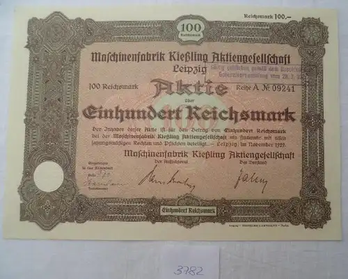 Maschinenfabrik Kißling Aktiengesellschaft Leipzig en novembre 1929 plus de 100 Reichsmark