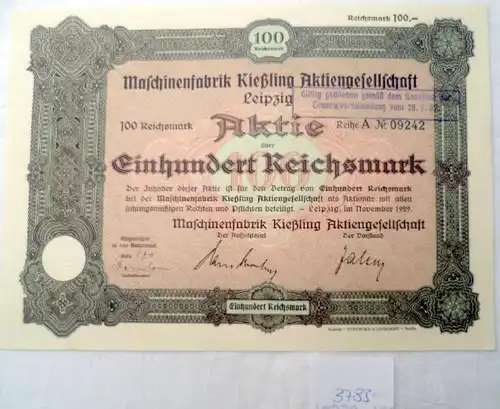 Maschinenfabrik Kießling Aktiengesellschaft Leipzig im November 1929 über 100 Reichsmark