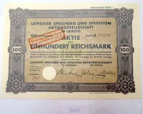 Leipziger Schlagerei e. Spedition AG 100 RM Leipzig Juillet 1929