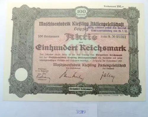 Maschinenfabrik Kießling AG 100 RM  Leipzig November 1929